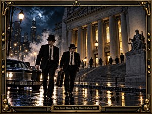 Two suited figures in black hats cross a rain-slicked street outside a monumental courthouse, carrying cases beneath smoky moonlight. Amber windows and streetlamps contrast with deep blue-black shadows, while a vintage car and distant skyline heighten the noir tension. The cinematic digital style, reflective pavement, and ornate musical frame create a dramatic period atmosphere.