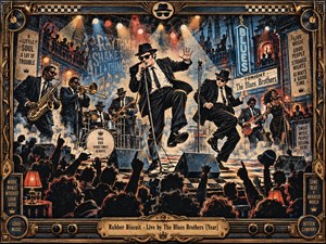 A riotous live soul performance fills a packed vintage nightclub, with black-suited singers, horn players, guitarists, and drummer surging beneath warm spotlights. Deep blues, amber gold, red, and cream create energetic contrast. Graphic print textures, cheering silhouettes, neon signage, and an ornate instrument-inspired frame amplify the playful late-night atmosphere.