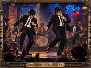 Two black-suited performers dance energetically on a smoky blues club stage as saxophone, guitar, bass, and drums drive the scene. Warm amber light mixes with vivid blue neon, creating a lively vintage atmosphere. An ornate musical frame with piano keys, metalwork, and a brass title plate completes the painterly composition.