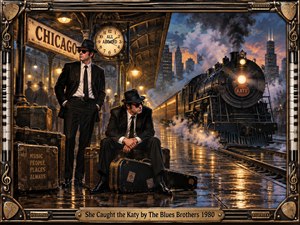Two black-suited musicians wait among worn luggage on a rain-slick Chicago railway platform as a powerful steam locomotive approaches beneath a smoky twilight sky. Warm station lamps reflect across the wet pavement, contrasting with deep blues and bronze tones. The richly detailed vintage painting feels cinematic, soulful, restless, and nostalgic.