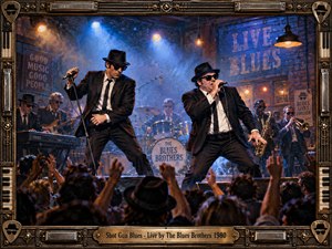 A lively blues revue unfolds inside a smoky brick club, with two black-suited performers commanding the stage before a packed crowd. Cool blue spotlights mix with warm amber lamps, illuminating guitars, horns, drums, and haze. Rich painterly textures and an ornate instrument-inspired frame create a vintage, energetic concert atmosphere.