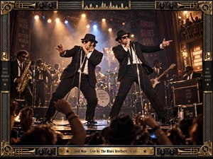 Two suited singers in black hats and sunglasses command a smoky Chicago blues stage, backed by a horn-driven band and cheering crowd. Warm amber spotlights cut through cool blue haze, reflecting across polished instruments and the glossy floor. A brass-and-black decorative frame adds vintage concert energy and theatrical soul.