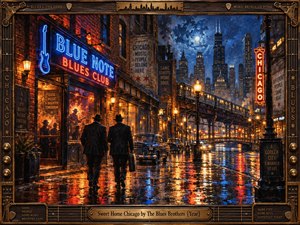 Two black-suited figures walk through rain-slick Chicago streets toward glowing blues clubs beneath the elevated train and illuminated skyline. Warm amber windows and electric blue neon reflect across wet pavement, creating a soulful, energetic nighttime mood. Painterly brushwork, vintage cars, brick architecture, and ornate musical framing evoke classic urban blues.