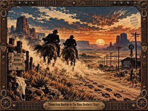 Two black-suited riders charge across a dusty desert road toward a blazing sunset, framed by mesas, telegraph poles, scrub, and weathered frontier signs. Rust, ochre, cream, charcoal, and deep blue create a gritty vintage print mood. An ornate western-musical frame and brass title plate complete the dramatic composition.