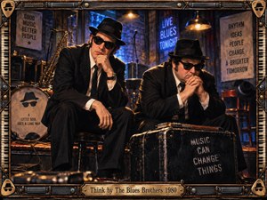Two suited men in black fedoras and sunglasses sit thoughtfully inside a smoky blues club, surrounded by saxophones, drums, stage equipment, and vintage signage. Warm amber lamps contrast with cool blue neon, creating a cinematic 1980s atmosphere. An ornate piano-and-metal frame with brass details completes the dramatic composition.