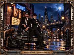 Two sharply dressed bluesmen in black suits, hats, and sunglasses pose beside a battered vintage car on a rain-slicked Chicago street. Neon club signs, elevated trains, glowing lamps, and a moonlit skyline create a gritty, soulful nighttime mood, framed by ornate musical hardware, piano keys, strings, and aged brass.