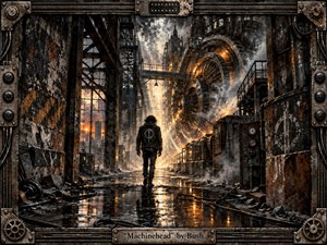 Kung Fu Hand Painting - A lone figure walks through a ruined industrial complex toward a colossal glowing turbine, surrounded by rusted steel, pipes, catwalks, and drifting smoke. Charcoal blacks, burnt orange, and metallic gray dominate the scene, while fiery backlighting reflects across wet pavement, creating a tense, rebellious, grunge-inspired atmosphere.