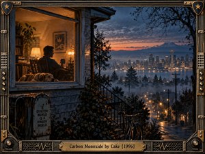 A cinematic dusk scene overlooks a misty city from a warmly lit hillside home, where a solitary figure sits beside a sleeping dog. Deep blues contrast with amber interior light, wet streets, distant mountains, and glowing towers. An ornate industrial guitar-inspired frame reinforces the reflective, uneasy photographic mood.