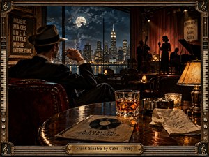 A solitary man in a fedora sits in a smoky midnight lounge, watching a silhouetted jazz trio against glowing city windows. Amber lamps, moonlit blues, polished wood, whiskey, and vintage posters create a reflective noir mood. Ornate musical framing and warm brass details reinforce the retro cinematic atmosphere.