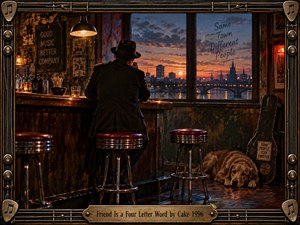 A solitary man in a dark suit and hat sits at a worn bar, gazing toward a glowing sunset cityscape. Warm amber light contrasts with cool blue shadows, creating a lonely, reflective mood. Vintage stools, a resting dog, guitar case, weathered walls, and ornate musical frame enrich the cinematic realism.