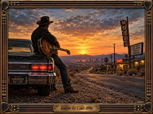 A lone guitarist rests against a vintage car beside a desert highway at sunset, gazing toward distant city lights and mountains. Warm orange skies, glowing motel signs, dusty roadside textures, and reflective chrome create a cinematic, nostalgic mood. An ornate guitar-themed frame reinforces the handcrafted Americana atmosphere.