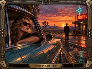 A glamorous woman leans from a teal vintage car beside a lonely desert motel at sunset, while a suited man faces the distant city. Fiery orange, violet, and neon reflections create cinematic tension. A rugged guitar-inspired metal frame surrounds the richly detailed scene, blending noir atmosphere, retro Americana, longing, and emotional distance.
