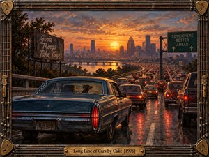 A weathered blue vintage car waits in endless sunset traffic above a glowing riverside city, creating a reflective mood of repetition and restless movement. Warm orange skies and red taillights contrast with cool metal tones, while roadside signs, wet pavement, guitar-inspired framing, and a brass title plate add nostalgic, cinematic detail.