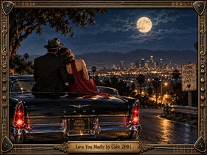 A couple sits closely on a polished vintage car above a glowing city at night, framed by palm trees, mountains, and a bright full moon. Deep blues, warm golds, and rich red fabric create a romantic noir mood, while chrome reflections, winding roads, and ornate guitar-inspired framing add cinematic detail.