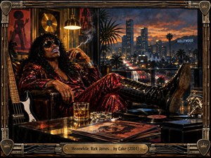A glamorous musician lounges in a dim penthouse studio, framed by guitars, records, whiskey, and warm brass lighting. Beyond the windows, Los Angeles glows beneath a dramatic dusk sky. Rich reds, blacks, golds, and smoky highlights create a decadent, reflective mood in a detailed cinematic oil-painting style.