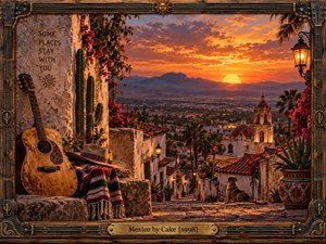 A warm painted sunset overlooks a Mexican hillside town, with glowing orange skies, distant mountains, white stucco buildings, palms, cacti, and a church dome. A weathered guitar, striped blanket, resting dog, lanterns, flowers, and ornate musical frame create a nostalgic, cinematic atmosphere filled with travel, memory, and longing.