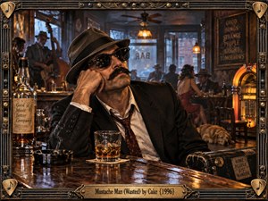 A weary mustached man in sunglasses slumps at a polished bar, surrounded by whiskey, smoke, musicians, patrons, and a glowing jukebox. Warm amber lamps contrast with cool window light, creating a restless, late-night mood. The cinematic photographic style emphasizes worn textures, vintage details, and ironic melancholy.