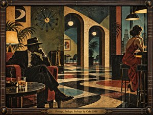 A stylish mid-century lounge scene shows a suited man in a fedora seated apart from a woman in a red dress at the bar. Geometric arches, reflective patterned floors, warm pendant lights, muted teal, mustard, rust, and black tones create romantic uncertainty in a richly textured vintage graphic style.