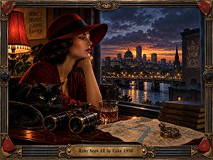A poised woman in a deep red hat watches a glowing riverside city from a shadowed room, accompanied by a black cat, binoculars, maps, books, and whiskey. Warm amber lamplight contrasts with the stormy blue dusk, creating a mysterious retro-noir mood within an ornate musical frame.