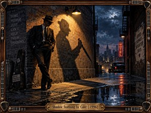 A sharply dressed man stands in a rain-slicked urban alley beneath a warm wall lamp, his elongated shadow creating a sinister focal point. Deep blacks, amber brick, blue night sky, neon reflections, vintage cars, and a distant skyline build a tense cinematic noir atmosphere within an ornate music-inspired frame.