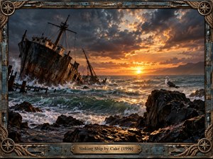 A rusted ship lists violently in rough coastal water beneath towering storm clouds and a fiery sunset. Dark rocks, crashing foam, and a solitary gull heighten the uneasy, reflective mood. Cinematic photographic realism emphasizes teal seas, warm orange light, weathered metal, and an ornate nautical frame with compass details and rope.