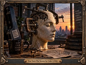 A cracked stone head rests on a cluttered workshop table, compressed by heavy screws, clamps, and exposed gears. Warm sunset light contrasts with dark industrial metal, brick walls, books, tools, and a guitar case. The cinematic surreal composition suggests pressure, control, restraint, and uneasy mechanical transformation.
