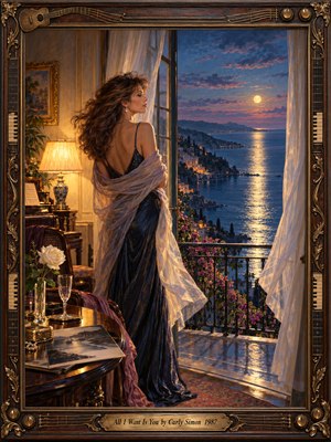 An elegant woman in a flowing midnight-blue gown gazes across a moonlit coastal bay from an open balcony. Warm lamplight illuminates roses and a quiet room, contrasting with violet skies and shimmering silver water. Romantic oil-paint textures and an ornate musical frame evoke longing, intimacy, and timeless devotion.