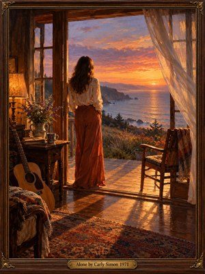 A solitary woman stands in a seaside cottage doorway, watching sunset wash distant cliffs in rose and gold. An acoustic guitar, wildflowers, and an empty chair deepen the wistful stillness. Warm lamplight meets cool ocean haze in richly textured oil paint, enclosed by an ornate walnut frame and engraved brass title plate.
