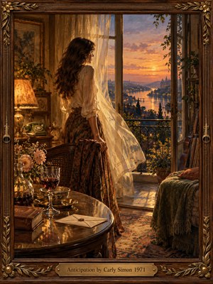 A contemplative woman stands beside an open balcony overlooking a glowing river city at sunset. Billowing curtains, an unopened letter, and vintage furnishings evoke romantic anticipation. Amber lamplight blends with rose and lavender skies in a richly detailed oil painting, enclosed by an ornate wooden frame with musical accents.