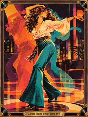 A glamorous woman dances confidently in a 1970s nightclub, her flowing blouse and turquoise bell-bottoms captured in dynamic motion. Layered silhouettes, glowing city lights, and swirling orange reflections create infectious energy. Rich magenta, gold, and teal tones define the vintage screen-print style, framed by ornate brass detailing and an engraved title plate.