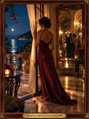 A woman in a flowing burgundy gown stands beside an open seaside doorway, gazing toward moonlit waters while elegant ballroom figures shimmer in a gilded mirror. Warm candlelight illuminates marble floors, delicate curtains, and flowers. Cinematic photography captures romantic secrecy and longing, enclosed within an ornate mahogany and brass frame.