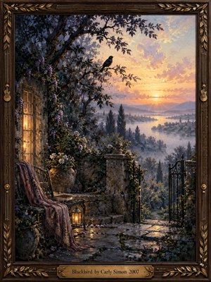 A solitary blackbird perches above a tranquil stone terrace overlooking a misty valley at sunrise. Golden light illuminates lavender clouds, flowering vines, an empty shawl-draped chair, and an open wrought-iron gate. Rich indigo shadows contrast with warm amber highlights in this romantic painterly scene, enclosed by an ornate wooden frame.
