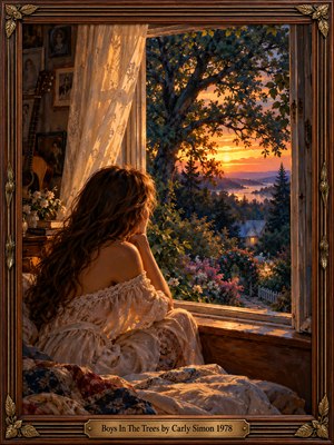A wistful young woman in a flowing ivory blouse gazes through an open window toward a golden sunset, distant river, and flowering garden. Rich oil brushwork blends amber light with deep blue shadows, while lace curtains, family portraits, and a leaning guitar evoke nostalgia. Ornate carved wood and brass frame the intimate scene.