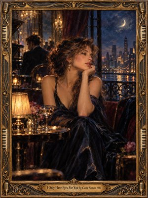 A wistful woman in a midnight satin gown sits beside a glowing lamp in an elegant jazz lounge, gazing toward a moonlit city skyline. Soft amber reflections shimmer against deep blue shadows, while a distant pianist fades into the background. Rich oil brushwork and an ornate gold musical frame evoke timeless romance.
