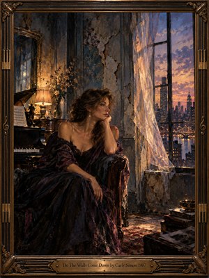 An elegant woman in a deep plum dress sits pensively beside a tall window overlooking a glowing city at dusk. Cracked plaster and billowing curtains suggest fragile emotional barriers, while piano keys and lamplight evoke quiet longing. Rich oil brushwork blends charcoal shadows, violet skies, and warm amber light within an ornate bronze frame.
