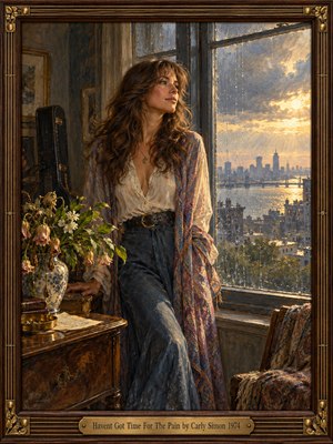 A thoughtful woman in flowing 1970s clothing stands beside a rain-streaked window overlooking a golden city skyline. Wilted flowers, a guitar case, and warm wooden furnishings suggest memories left behind. Rich oil brushwork blends muted blues, mauves, and amber light, while an ornate walnut-and-brass frame completes the hopeful, reflective scene.
