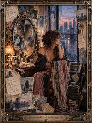 A thoughtful woman sits beside a rain-streaked window overlooking a twilight city, surrounded by faded photographs, handwritten notes, roses, and a fractured vanity mirror. Warm amber lamplight contrasts with smoky blues and dusty pinks, while layered collage textures evoke memory and changing identity. An ornate metallic frame completes the wistful portrait.