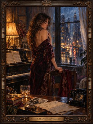 A solitary woman in burgundy stands beside a piano, lost in longing as rain washes over a glowing city skyline. Warm amber lamplight contrasts with cool blue shadows, illuminating scattered letters, a telephone, and an unfinished drink. Expressive oil brushwork and an ornate carved wooden frame deepen the intimate, melancholic atmosphere.