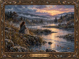 A solitary woman sits beside a winding river at sunset, gazing toward misty hills and an old stone bridge. Golden reflections shimmer across blue-gray water beneath lavender clouds. Autumn grasses, distant houses, and drifting leaves enrich the contemplative oil painting, enclosed within an ornate bronze-and-wood frame with musical embellishments.