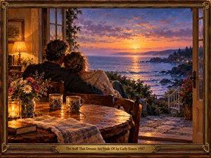 A couple embraces in a cozy seaside cottage, watching a golden sunset spill across violet water and distant cliffs. Flowers, patterned mugs, candles, and rustic furnishings glow in soft amber lamplight. Rich oil brushwork creates a tender, nostalgic mood, framed by ornate carved wood and brass with an engraved title plate.