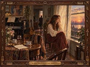 A wistful woman gazes through lace curtains toward a glowing city sunset as a shadowy figure recedes down the hall. A piano, guitar, flowers, handwritten note, and abandoned cups enrich the intimate 1970s interior. Warm amber and burgundy oil brushstrokes evoke bittersweet reflection, enclosed by ornate, brass-accented musical framing.