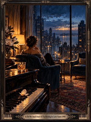 A solitary woman curls into a velvet chair, watching a rain-streaked waterfront skyline before dawn. Amber lamplight warms a room of white blossoms, polished piano keys, and patterned rugs, contrasting with the citys deep blue shadows. Expressive oil brushwork, ornate metalwork, and an engraved title plate evoke quiet longing.
