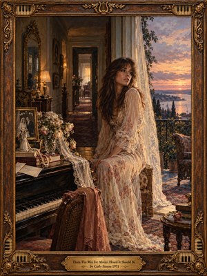 A pensive woman in a flowing floral dress sits beside an open balcony overlooking a golden sunset. Inside, a piano, fading roses, and a wedding portrait suggest inherited expectations. Warm amber shadows contrast with lavender skies, while delicate lace and an ornate gilded frame enrich this wistful, intricately detailed oil painting.