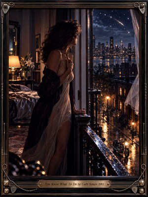 A pensive woman in a flowing ivory slip stands at an open balcony, watching a motorcycles headlight glow beneath a star-filled city skyline. Warm bedroom lamplight contrasts with midnight blues and amber reflections, creating restless longing. Cinematic photographic realism and an ornate black-and-brass frame heighten the nocturnal tension.