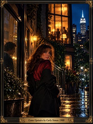 A woman in burgundy satin glances over her shoulder outside a glowing Manhattan townhouse, her dark coat framing the scene. Amber windows reveal shadowy figures while rain-slick pavement reflects golden lights beneath a midnight blue skyline. Cinematic 1980s photography captures romantic intrigue, enclosed within an ornate black-and-brass frame with an engraved title plate.