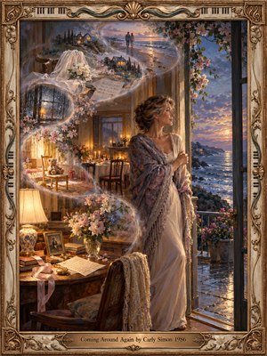 A contemplative woman in an ivory gown stands beside an open seaside doorway at dusk, surrounded by swirling memories of family, romance, and childhood. Golden lamplight warms the intimate interior while lavender skies and blue waves shimmer outside. Rich oil brushwork and an ornate musical frame evoke nostalgia, tenderness, and renewal.