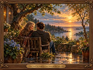 A couple sits close together on a weathered wooden bench overlooking a tranquil bay at sunset. Flowering plants, arching trees, and glowing lanterns surround them. Golden reflections shimmer across rain-darkened stone paving in this richly textured oil painting, enclosed by an ornate carved wooden frame with an engraved brass title plate.