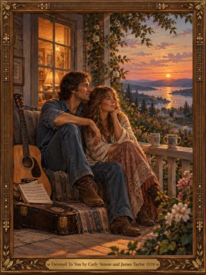 A loving couple rests together on a rustic porch overlooking a tranquil sunset bay. An acoustic guitar, sheet music, flowering vines, and ceramic mugs evoke warmth and devotion. Golden window light mingles with rosy skies and distant blue hills. Rich oil painting textures and an ornate wooden frame enhance the nostalgic atmosphere.