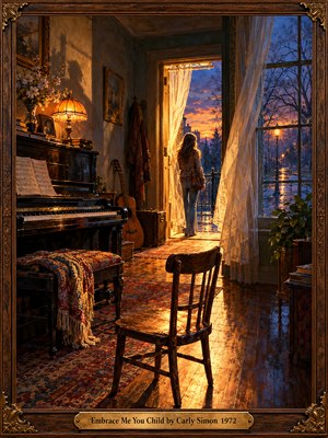 A richly textured oil painting depicts a young woman standing in a doorway overlooking a rain-slicked street at sunset. Warm amber lamplight illuminates a vintage piano, guitar, patterned rugs, and empty chair. Flowing curtains frame blue twilight, while ornate carved wood and a brass title plate enhance the nostalgic, bittersweet atmosphere.