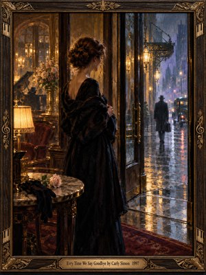 An elegant woman watches a lone man disappear into a rain-soaked city street from a luxurious hotel entrance. Warm golden lamplight contrasts with misty blue reflections, creating romantic melancholy. A delicate rose, vintage furnishings, and distant piano enrich the atmospheric oil painting, enclosed by an ornate bronze and wood frame.